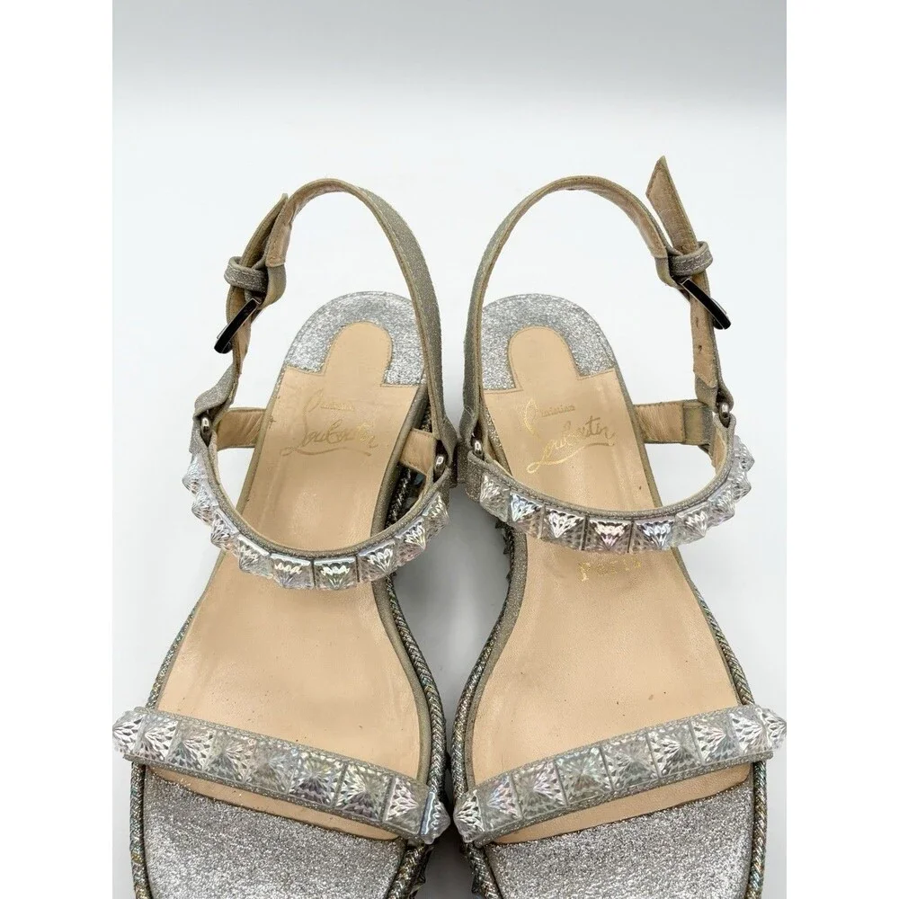 Christian Louboutin Cataclou 60 Silver Glitter Platform Sandals Wedges Sz EU 37